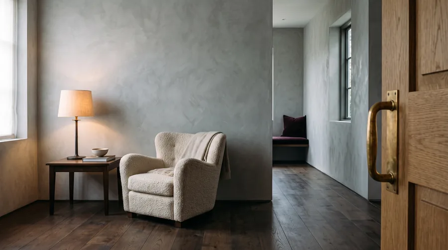 Un salón con luz de última hora de la tarde, con sus materiales señalados punto por punto