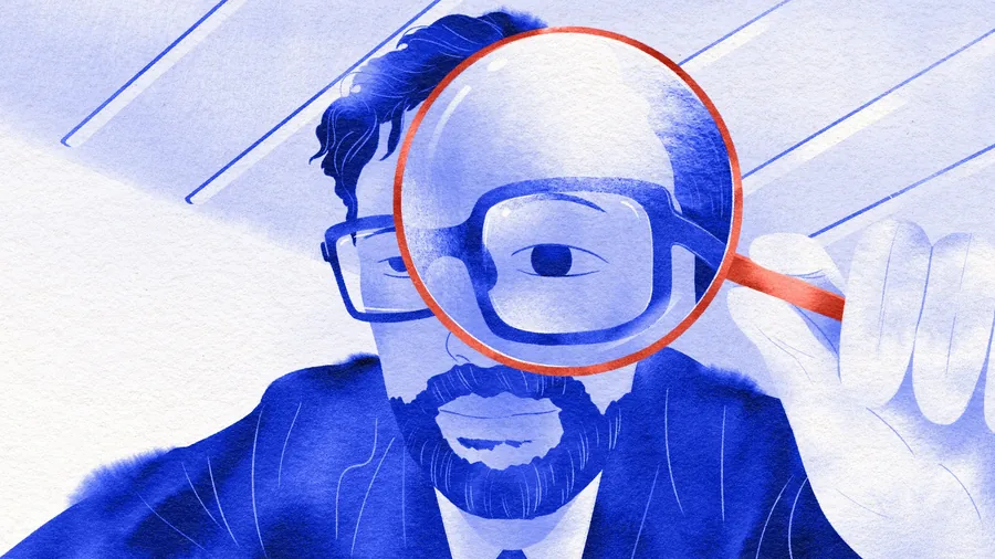 Ilustración de Bang & Olufsen Reloved con un técnico que inspecciona un producto con una lupa