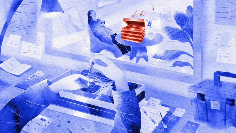 Ilustración de Bang & Olufsen Reloved con unas manos que restauran un tocadiscos en un banco de trabajo