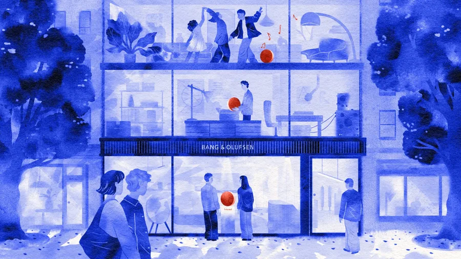 Ilustración de Bang & Olufsen Reloved con una tienda Bang & Olufsen y una vitrina Reloved en el escaparate